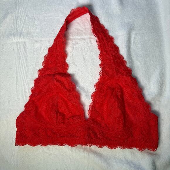 Intimately Free People Bralette Medium Red Lace Plunge Halter Longline Stretch - Picture 4 of 14
